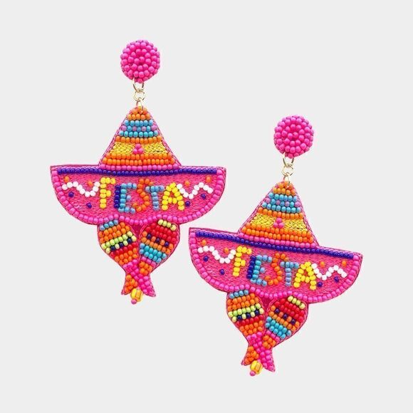 Fiesta Sombrero Pink Seed Beaded Earrings - Picture 4 of 6